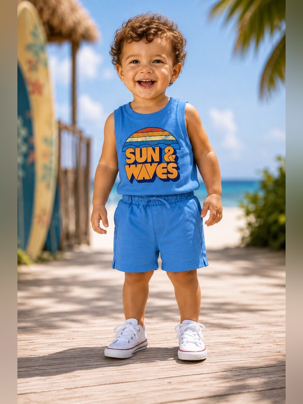 Wonder Nation Baby Boys Blue "Sun & Waves" Tank Top and Shorts Outfit Size 12M